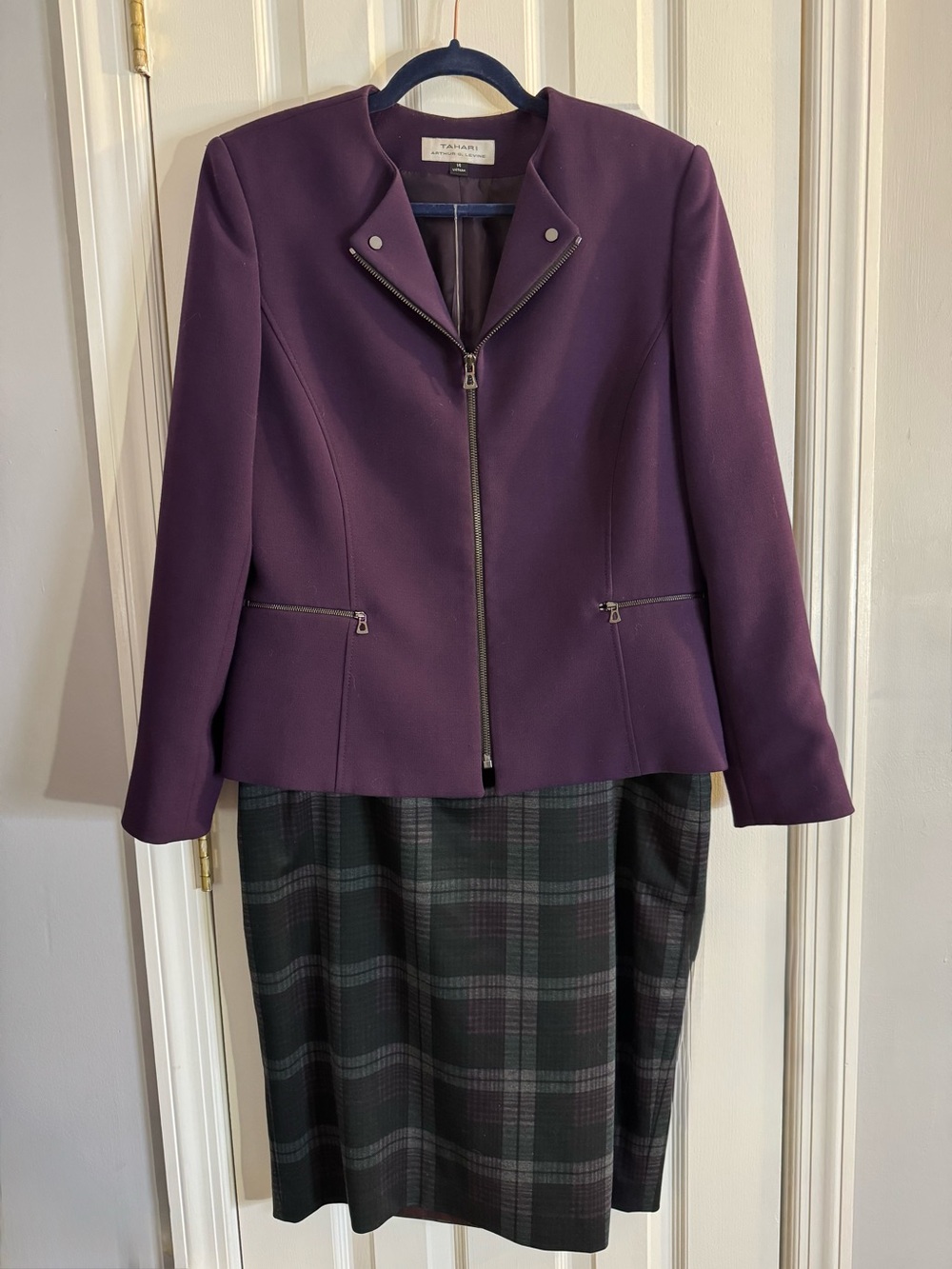 Tahari Zip-Front Skirt Suit Purple Jacket & Purple Gray Plaid Skirt - Size 14